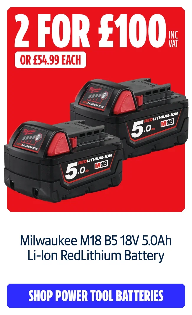 2 For £100 INC VAT on this Milwaukee M18 B5 18V 5.0Ah Li-Ion RedLithium Battery Or £54.99 Each. Shop power tool batteries