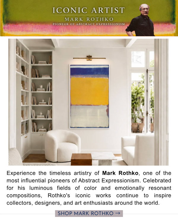 Iconic Artist: Mark Rothko - Pioneer of Abstract Expressionism. Experience the timeless artistry of Mark Rothko, one of the most influential pioneers of Abstract Expressionism. Celebrated for his luminous fields of color and emotionally resonant compositions, Rothko's iconic works continue to inspire collectors, designers, and art enthusiasts around the world.