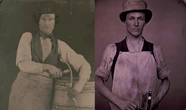 Two men in old-fashioned, historic work clothes pose for portraits; one stands by a barrel, while the other, dressed in a hat and apron and holding a tool, embodies the spirit of Labor Day.