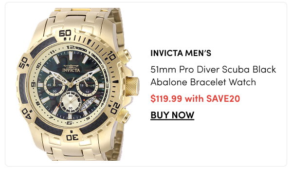 INV-49854  INVICTA Men's 51mm Pro Diver Scuba Quartz Black Abalone Bracelet Watch – $119.99 with SAVE20
