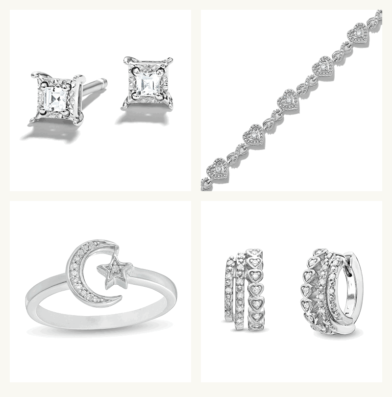 Assortment of silver-set diamond jewelry, including ring, studs, heart bracelet & heart huggies.