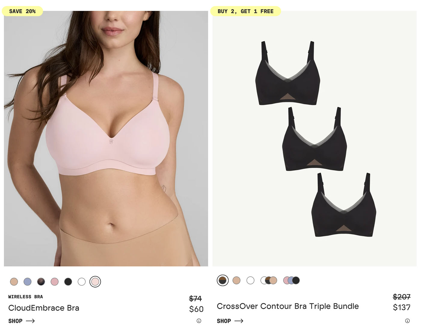 20% OFF | CloudEmbrace Bra | $60 | SHOP NOW | 33% OFF | 3x CrossOver Contour Bra | $137 | SHOP NOW