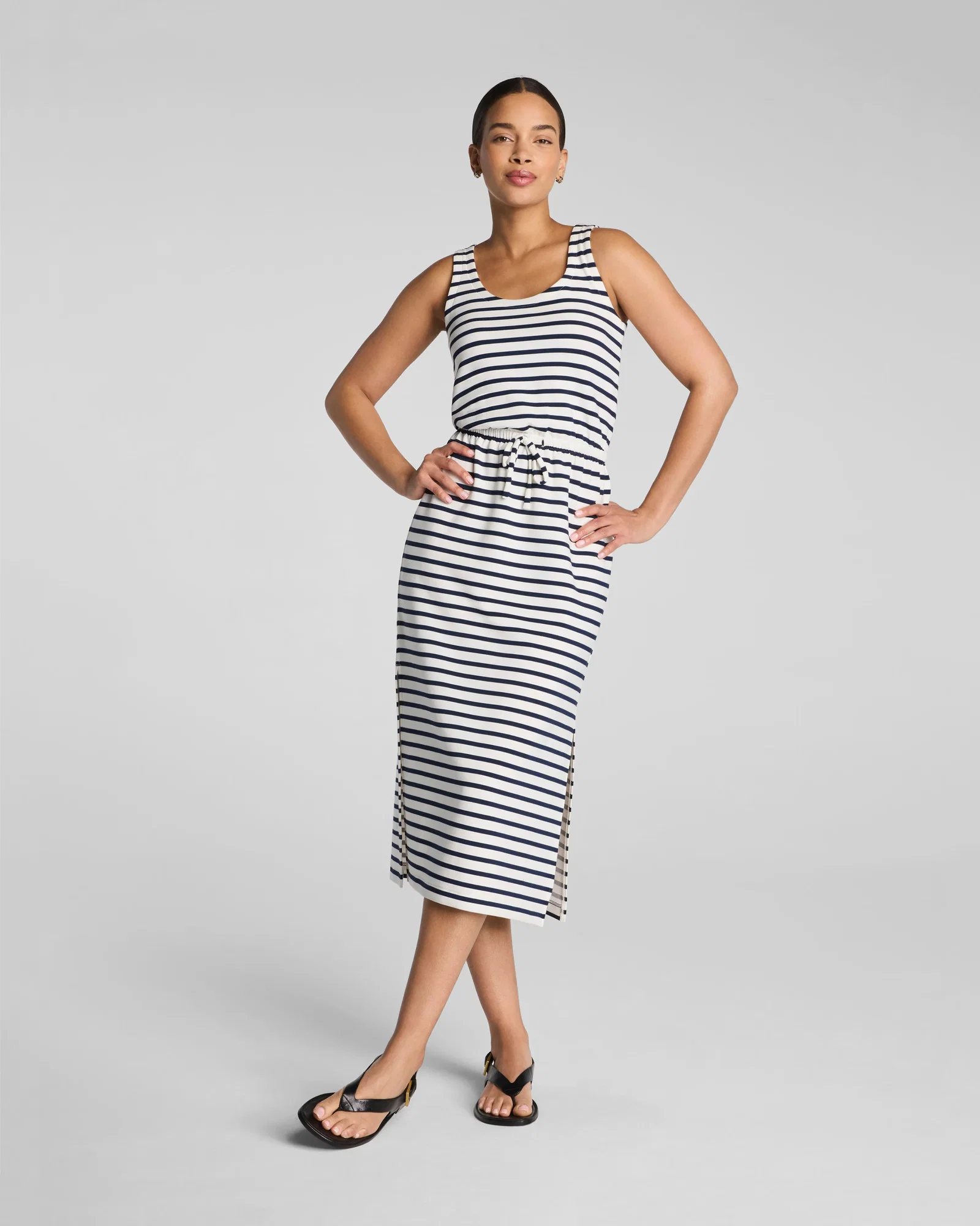 Image of Spanx Women's SPANX AirEssentials Drawstring Maxi Tank Dress in Powder/Timeless Navy Stripe