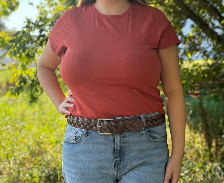 Woman wearing Braided Leather Belt with Contrast Stitching