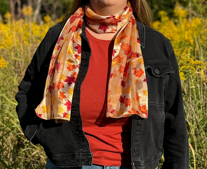 Woman wearing Autumn Fall Leaf Lightweight Satin Scarf
