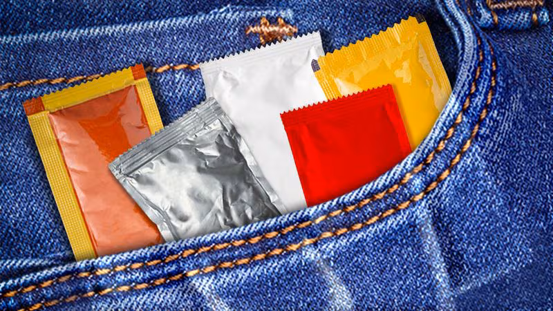 photo collage with packets of condiments stuffed in a jean pocket