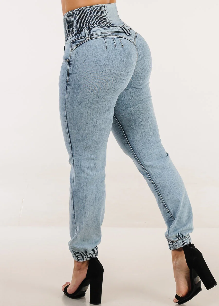 Image of MX JEANS Butt Lift 5 Button Spandex Waist Jogger Jeans Acid Wash
