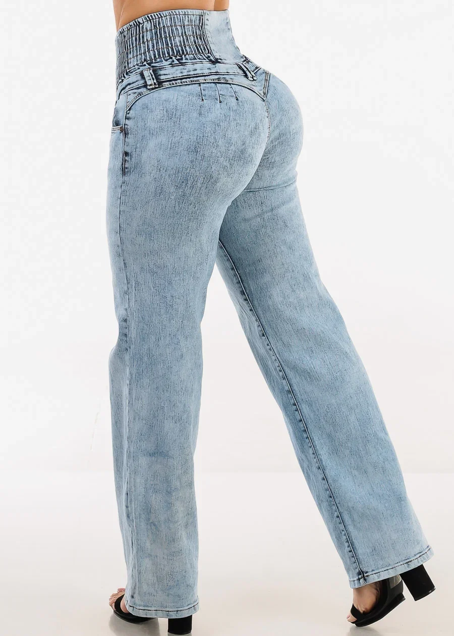 Image of MX JEANS Butt Lift 5 Button Spandex Waist Straight Wide Leg Jeans Acid Wash