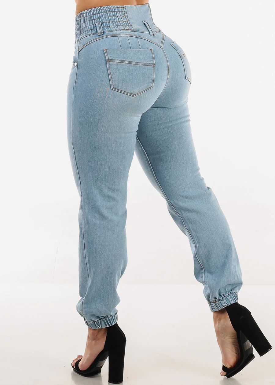 Image of MX JEANS Butt Lift 3 Button Spandex Waist Jogger Jeans Light Wash