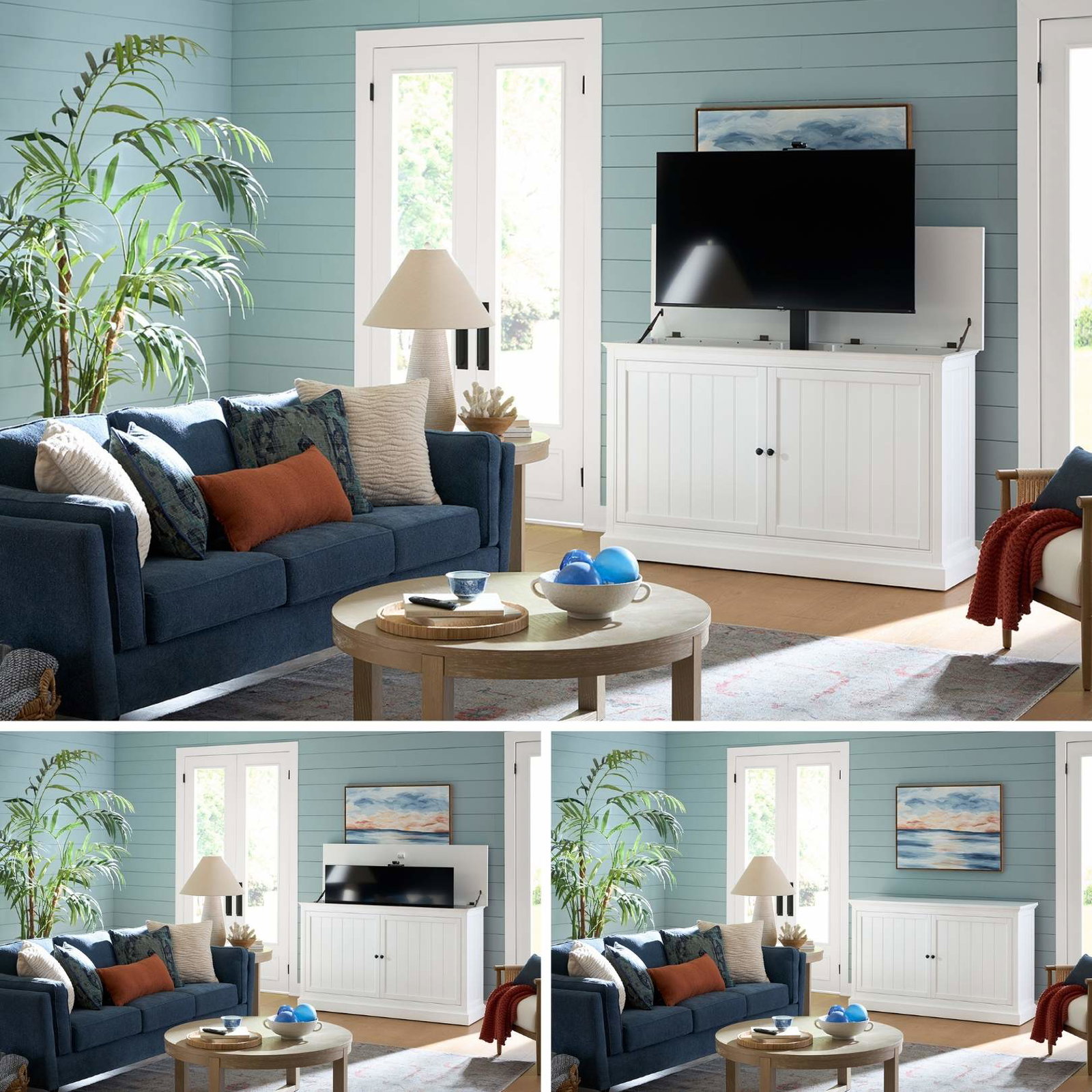 Shoreline TV Lift Cabinet in up and down positions