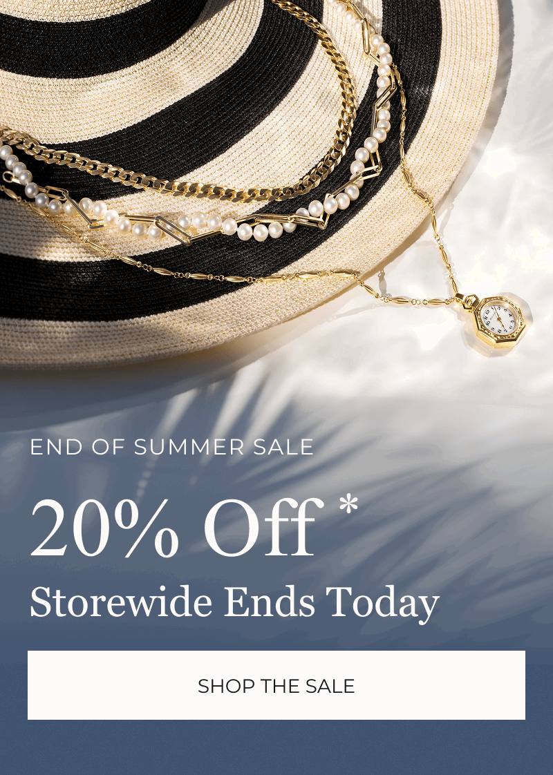 Hat layered with gold and pearl necklaces. End of Summer Sale. 20% Off Storewide Ends Today. Click to Shop The Sale.