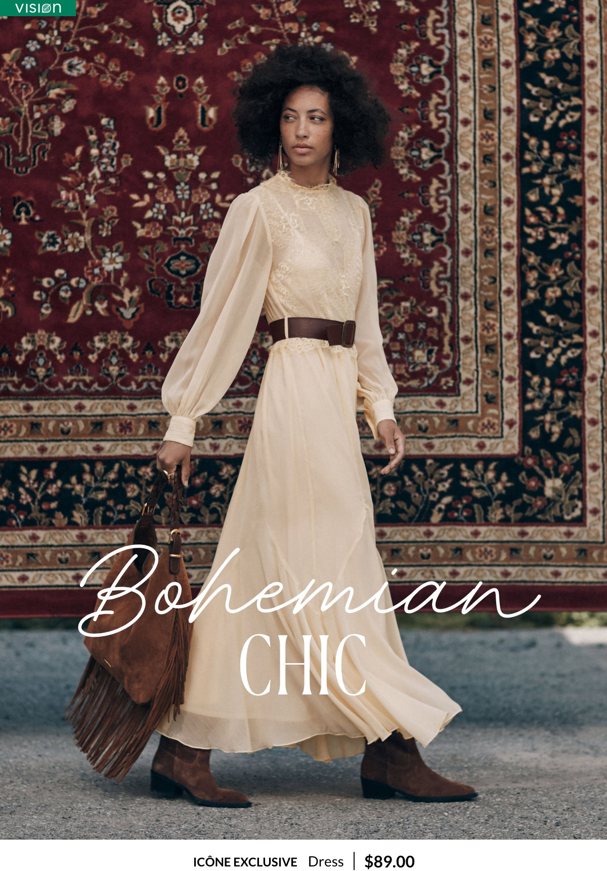 Woman wearing a long cream-colored chiffon and lace dress for $89