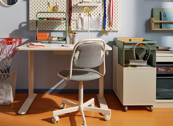 Kids study desk and accessories in bedroom