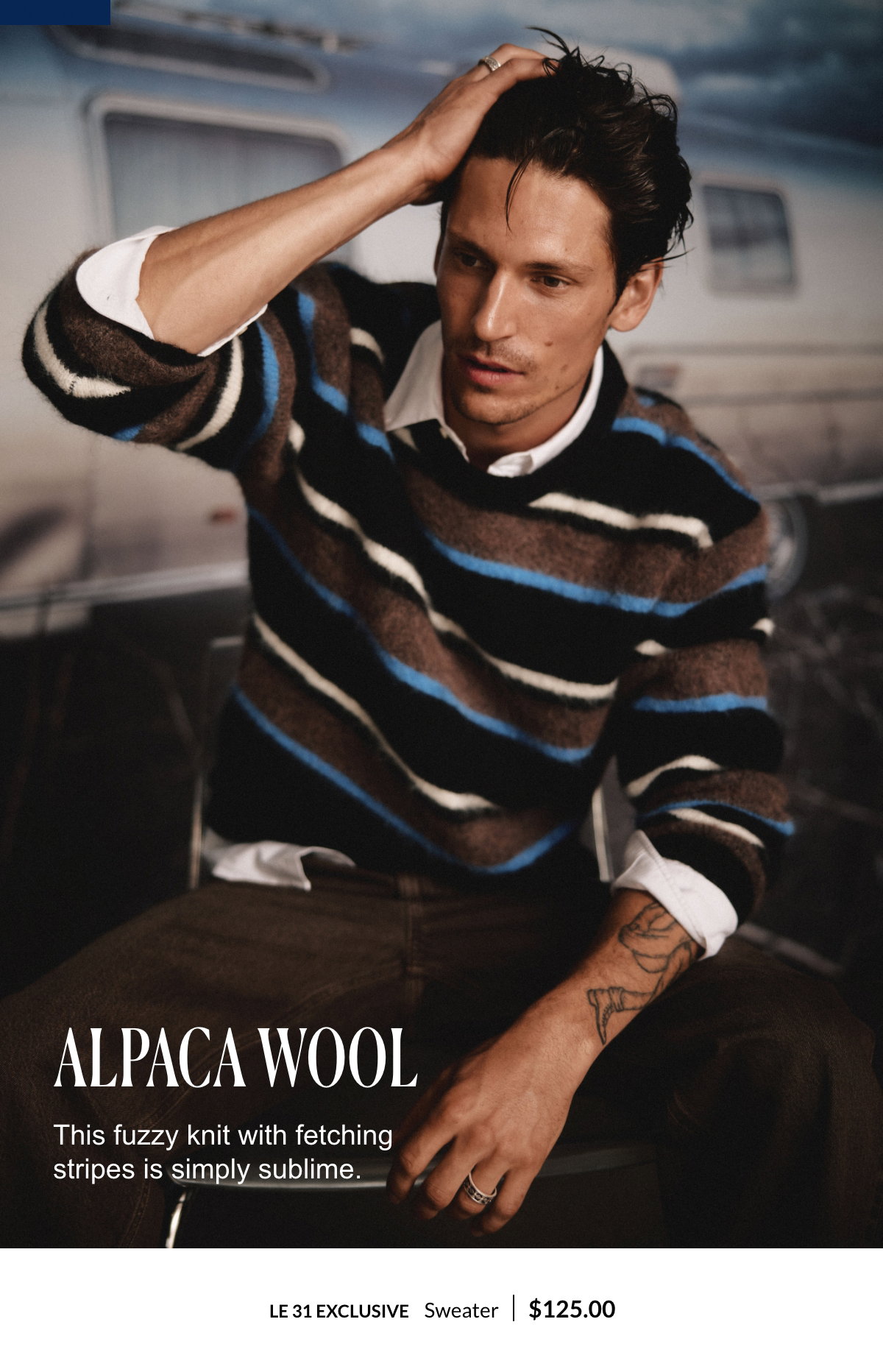 Men wearing a sweater at 125$. This fuzzy knit with fetching stripes is simply sublime.