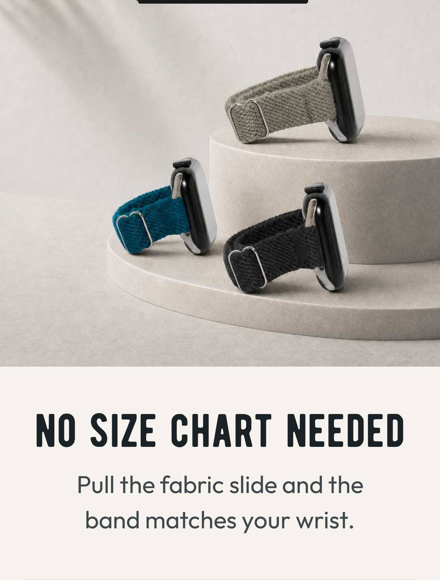 Three Apple Watches with black, blue, and gray slim bands. Headline: No size chart needed. Pull the fabric slide and the band