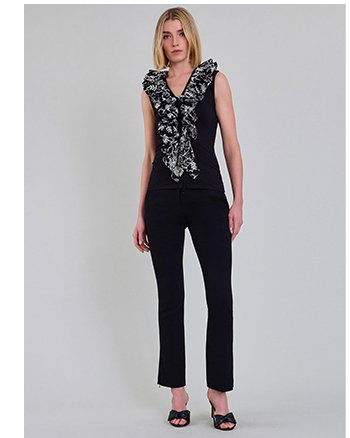 Black Jersey Sleeveless Top with Embroidered Ruffle