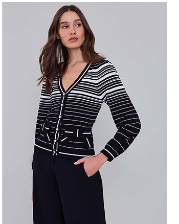 Black and White V-Neck Striped Knit Cardigan