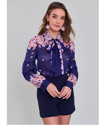 Dark Blue Women's Silk Shirt with Removable Necktie and Floral Print