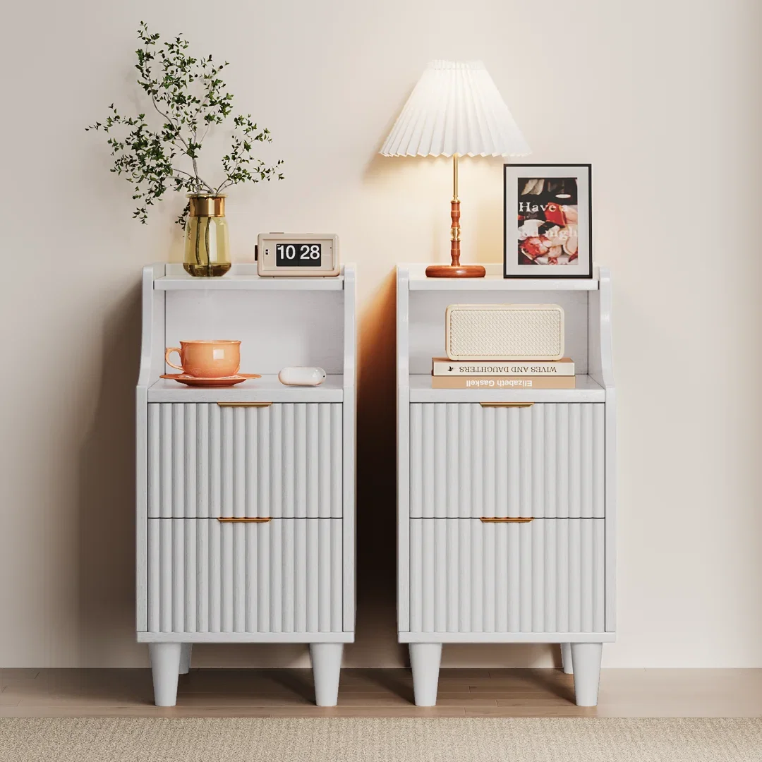 11.8" Fluted Nightstand & Narrow Bedside Table With 2 Drawers Set Of 2