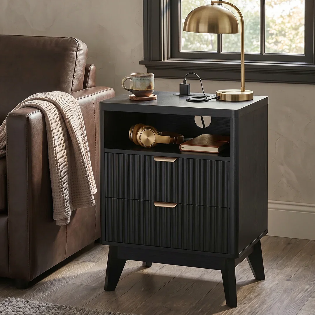 Rhythm NightStand with Charging Station, Fluted Bedside Table Furniture,19.7'' W X 15'' D