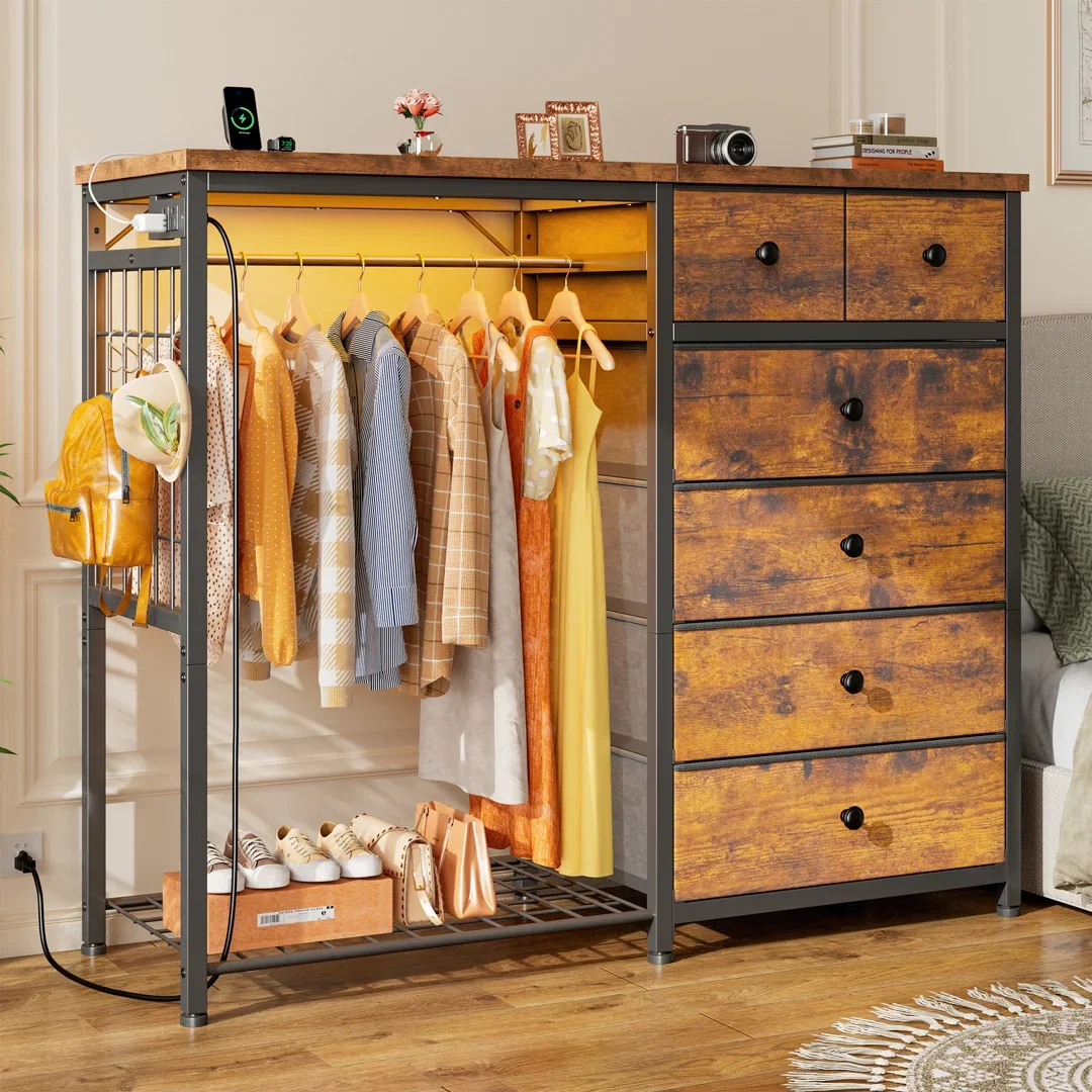 6-Drawer Dresser with Clothes Rack and Charging Station