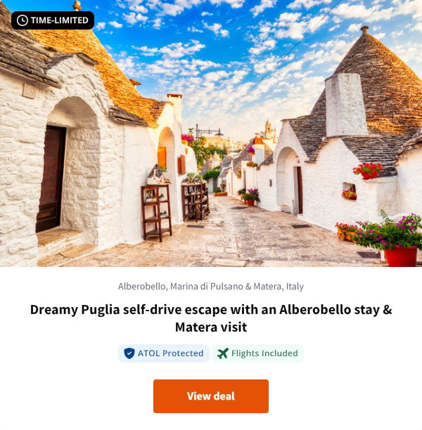 Dreamy Puglia self-drive escape with an Alberobello stay & Matera visit