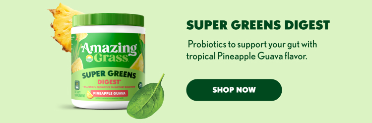 SUPER GREENS DIGEST Probiotics to support your gut with tropical Pineapple Guava flavor. SHOP NOW
