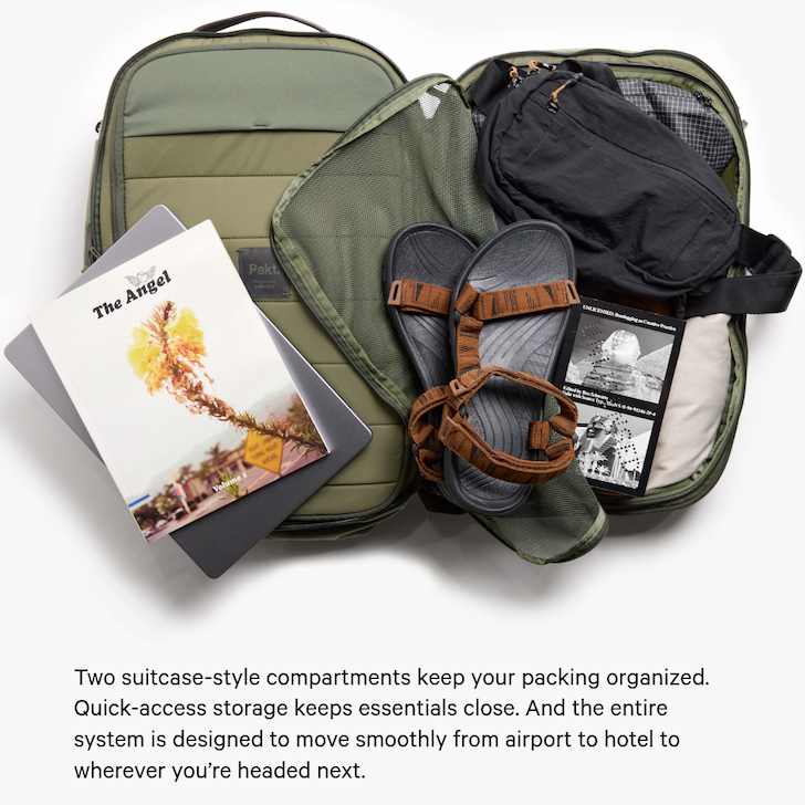 Two suitcase-style compartments keep your packing organized. Quick-access storage keeps essentials close. And the entire system is designed to move smoothly from airport to hotel to wherever you’re headed next.