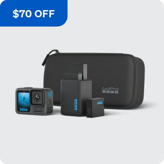 GoPro HERO13 Black camera, battery charger, and carrying case bundle.