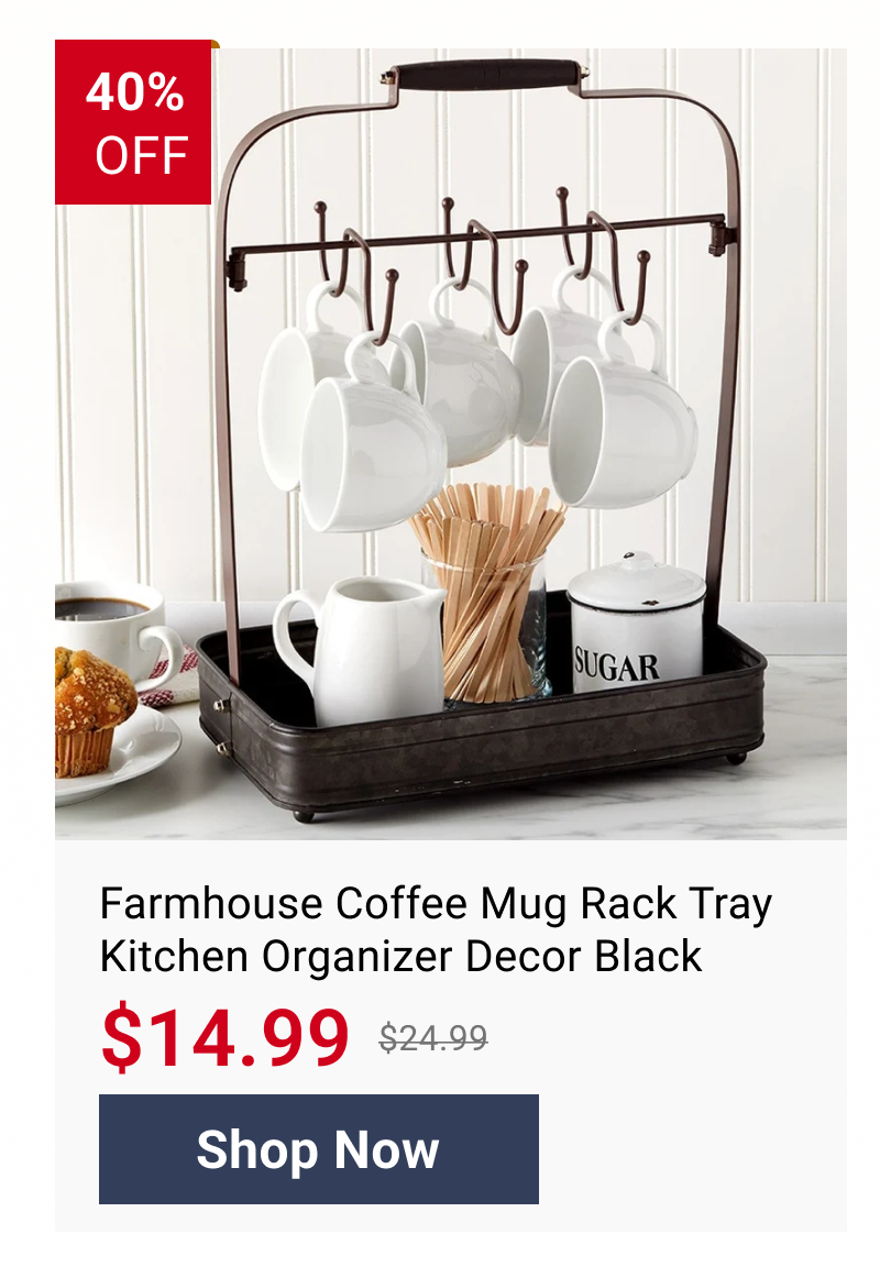 Farmhouse Coffee Mug Rack Tray Kitchen Organizer Decor Black