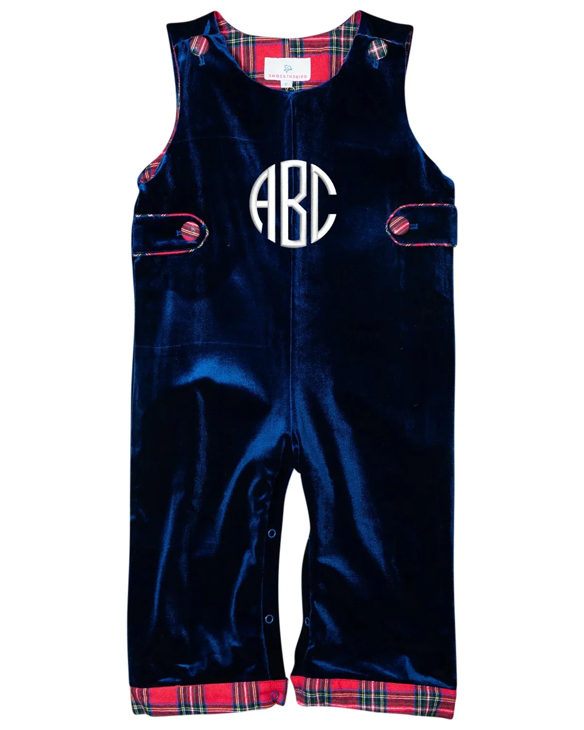 Image of Navy Velvet Longall with Red Tartan Trim