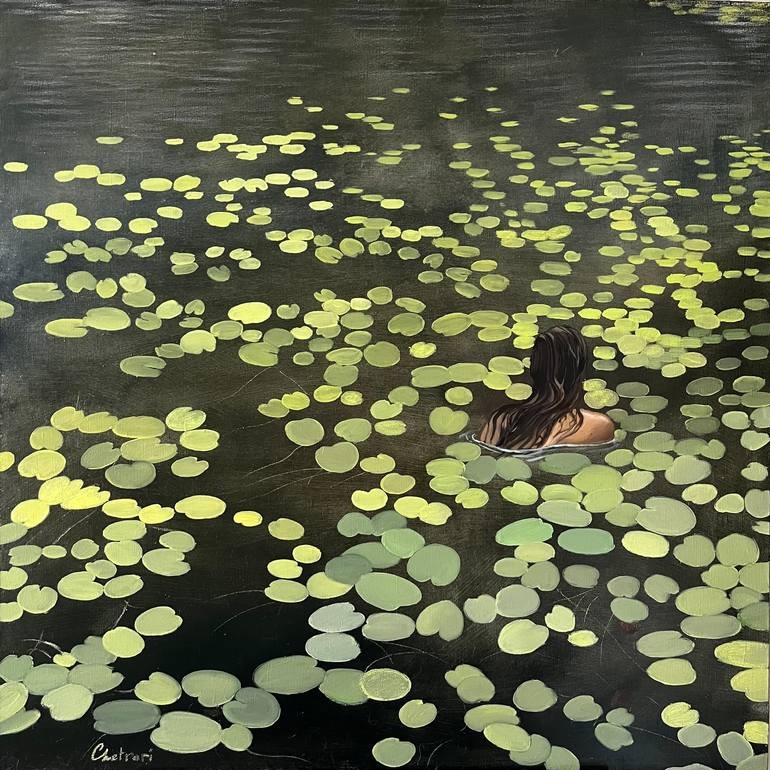 girl swimming in lily pads painting