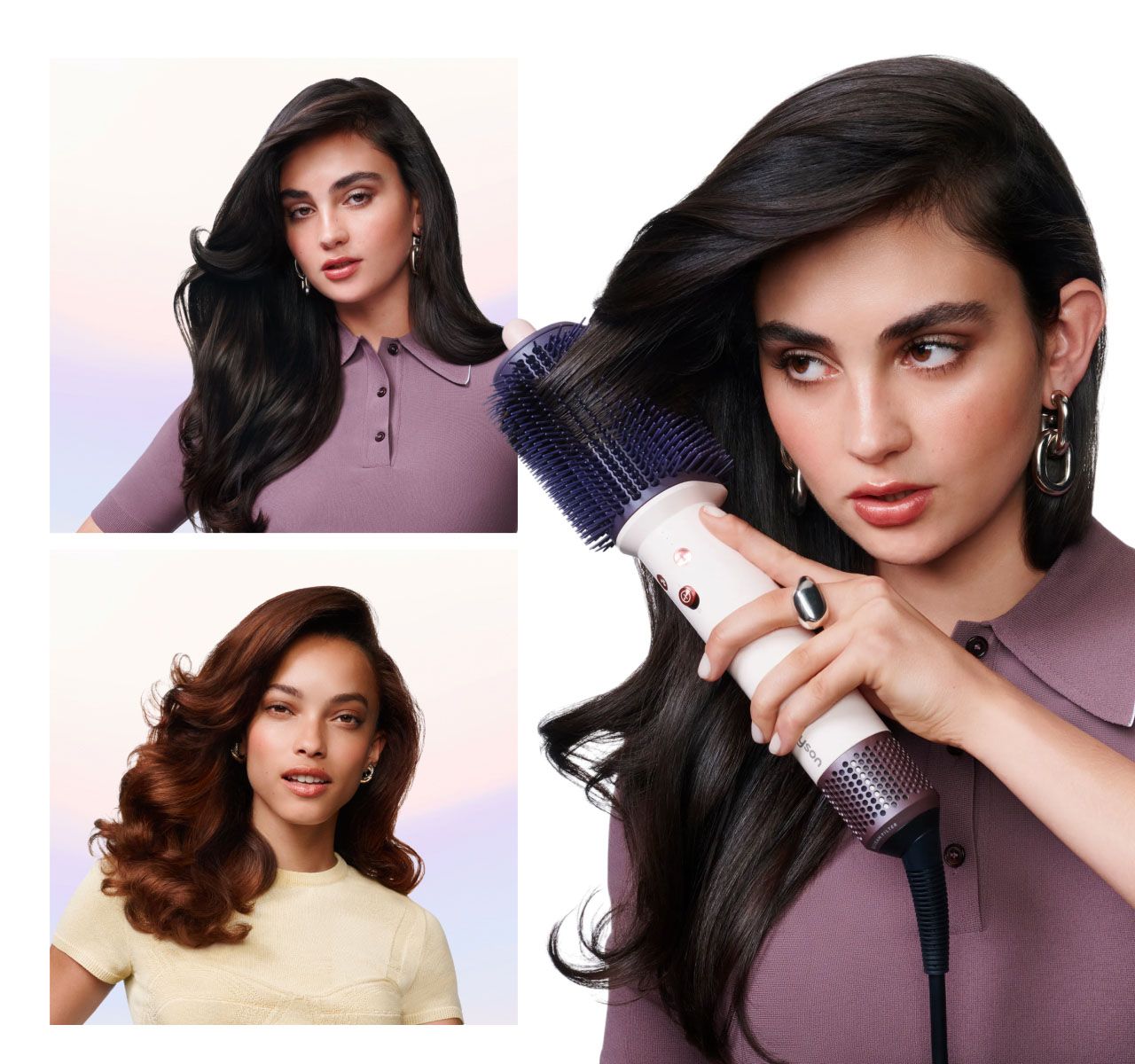Collection of models styling their hair with the Dyson Airsmooth styling brush.