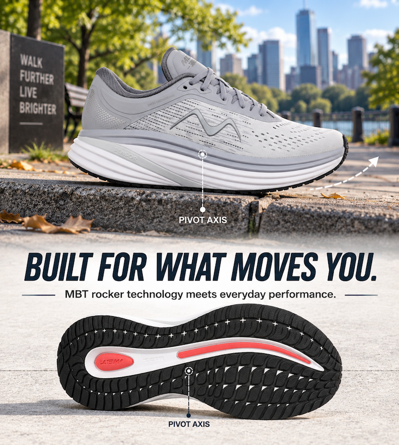 Colorado X outdoor walking shoe on a Colorado trail, highlighting MBT Pivot Axis rocker technology and rugged outsole traction.