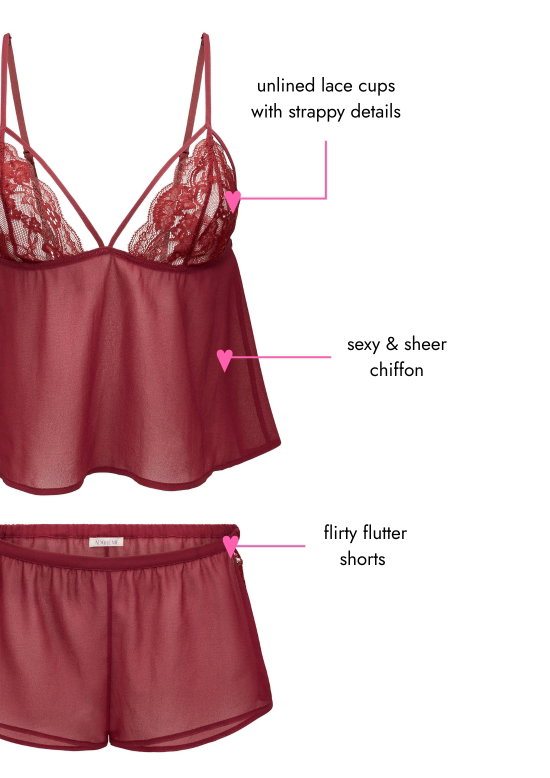 Unlined lace cups with strappy details, sexy and sheer chiffon, flirty flutter shorts