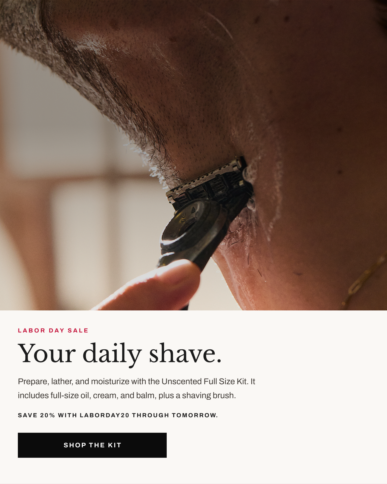 Header text, “Your daily shave.” with “Shop the Kit” button.