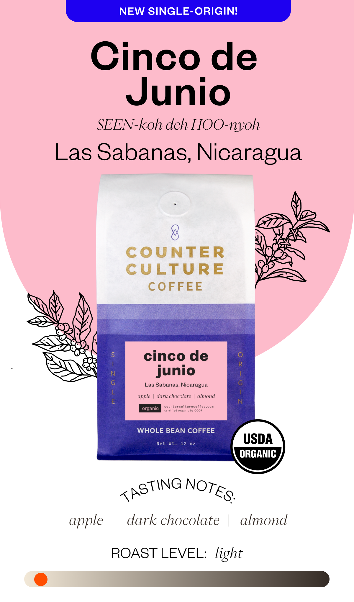 New Single - Origin Cinco de Junio SEEN-koh deh HOO-nyoh Las Sabanas, Nicaragua tasting notes: floral peach chocolate Roast level: light 