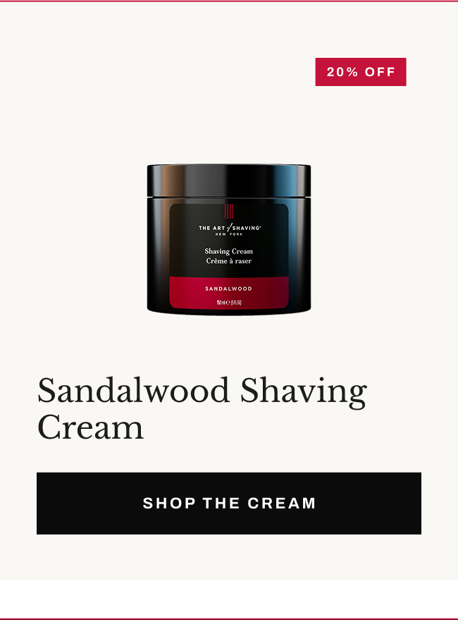 Product image of Sandalwood Shaving Cream with “Shop the Cream” button.