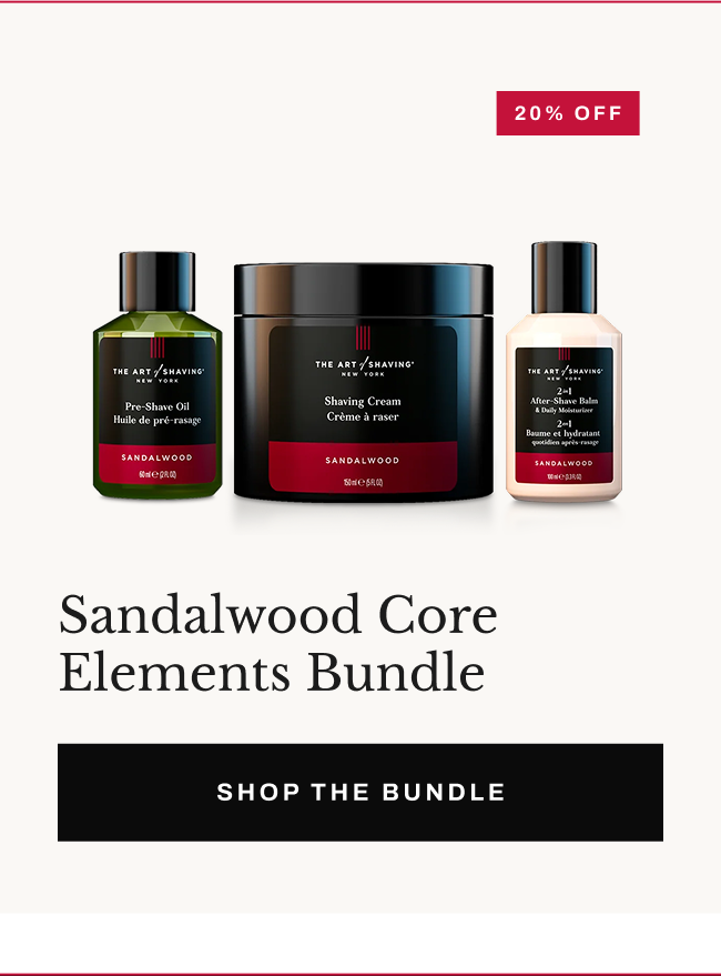Product image of Sandalwood Core Elements Bundle with “Shop the Bundle” button.