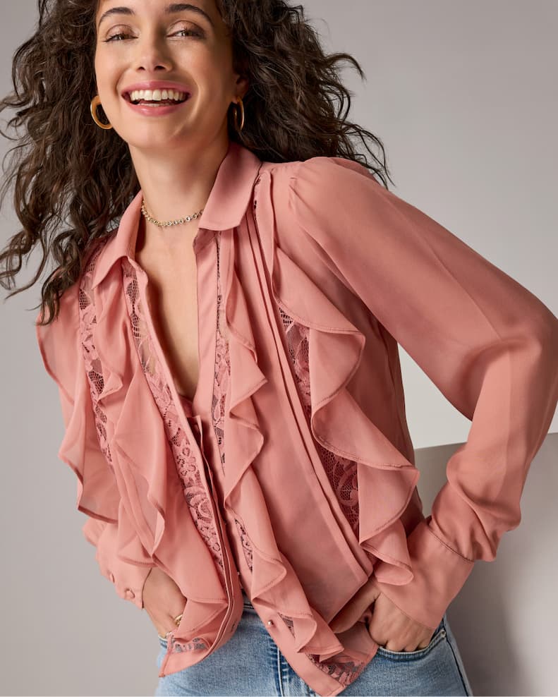 Georgette Collared Ruffle and Lace Shirt