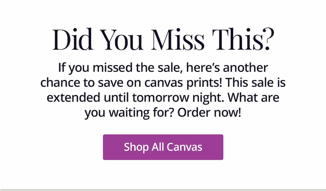 If you missed the sale, here's another chance to save on canvas prints! This sale is extended until tomorrow night. What are you waiting for? Order now! Shop All Canvas