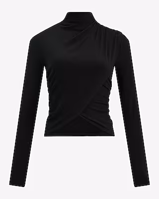Ribbed Mock Neck Long Sleeve Wrap Ruched Top