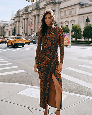 Snakeskin Print Mesh Mock Neck Wrap Ruched Maxi Dress