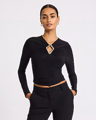Matte Jersey Novelty Hardware Keyhole Long Sleeve Top