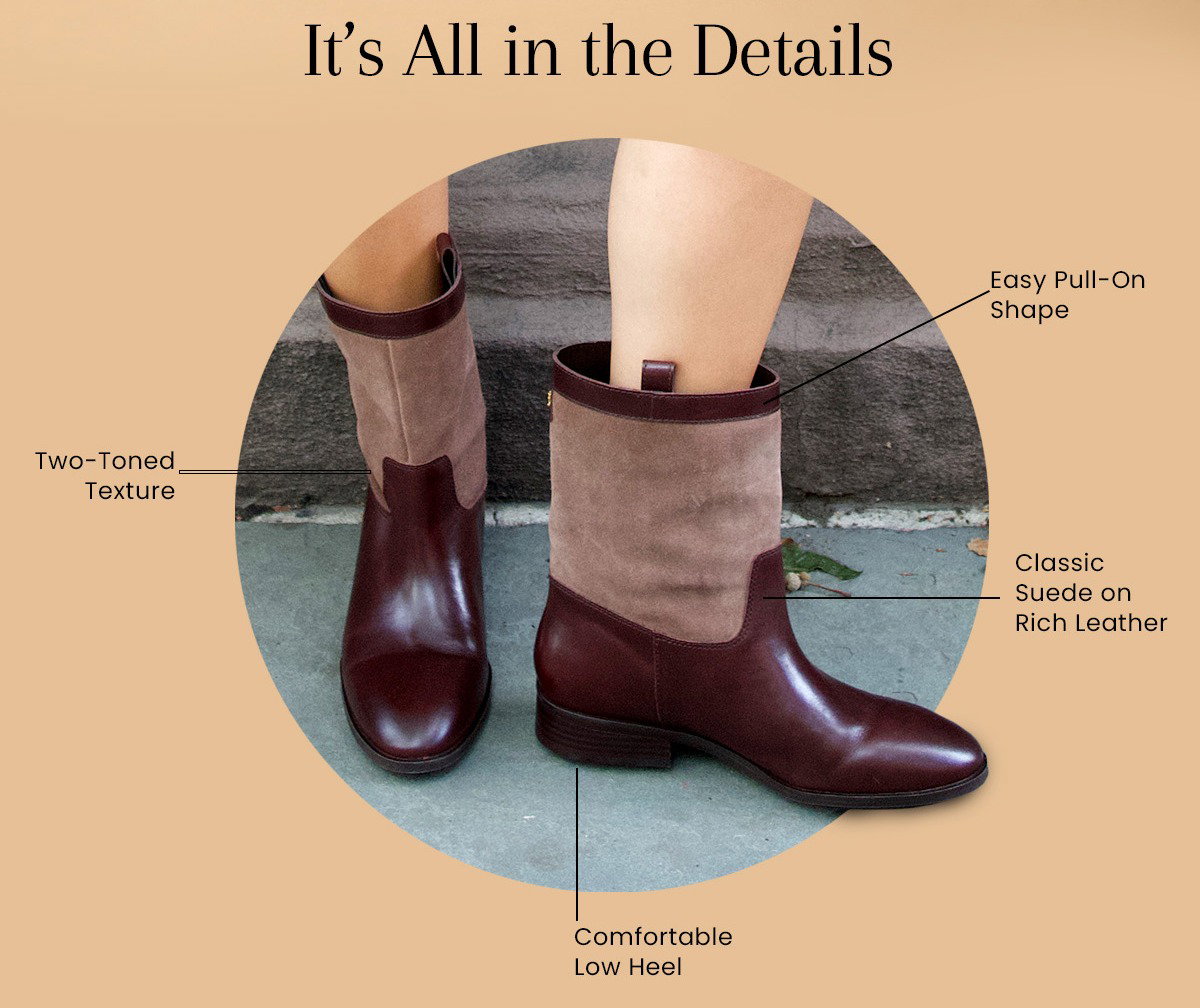 It's All in the Details | Two-Toned Texture | Easy Pull-On Shape | Classic Suede on Rich Leather | Comfortable Low Heel