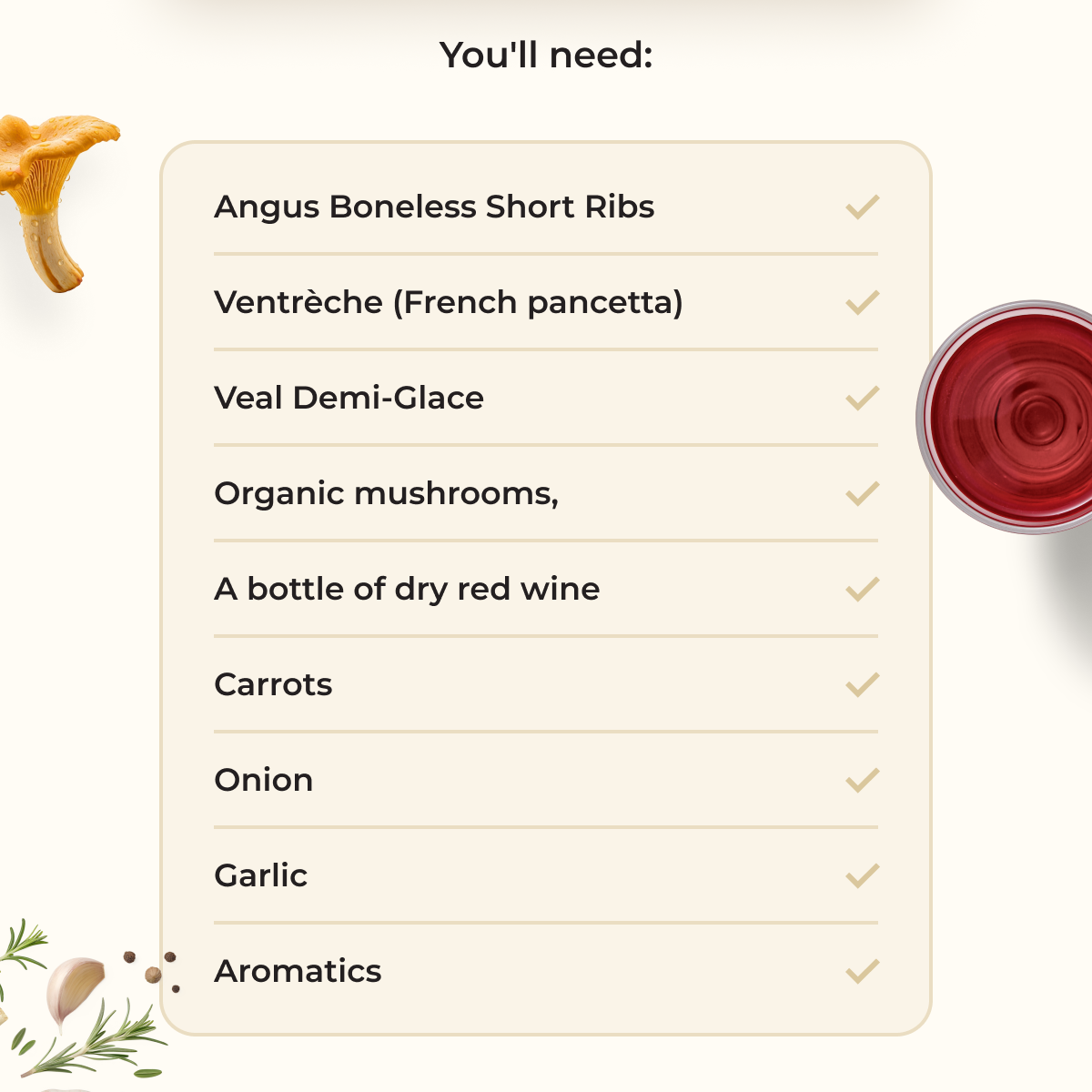 You'll need: Angus Boneless Short Ribs Ventrèche (French pancetta) Veal Demi-Glace Organic mushrooms, A bottle of dry red wine Carrots Onion Garlic Aromatics