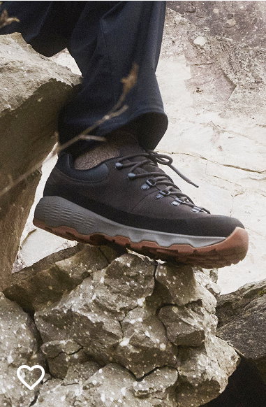 Close-up of a hiker's black hiking shoe.