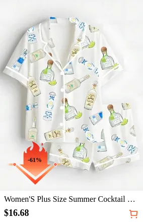 Women'S Plus Size Summer Cocktail Bar Print Satin Short Sleeve Button Top And Matching Shorts Set For Home And Leisure