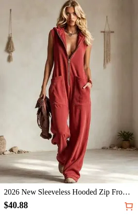 2026 New Sleeveless Hooded Zip Front Pocket Loose Wide Leg Jumpsuit For Women