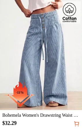 Bohemela Women's Drawstring Waist Blue And White Stripe Wide Leg Long Pants Beach Autumn Boho